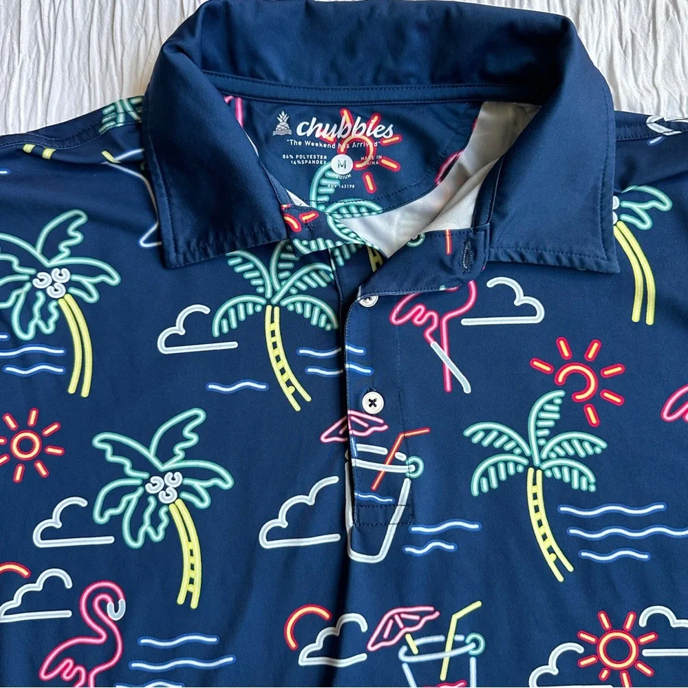 Chubbies Polo Shirt Mens Medium‎ Flamingo Palm Tree Print Performance Golf